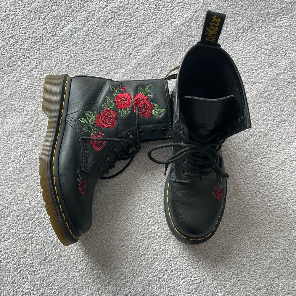 Dr. Martens Black Ankle Boots with Red Rose Embroidery - Picture 2 of 9